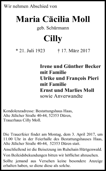 Anzeige von Maria Cäcilia Moll von Kölner Stadt-Anzeiger / Kölnische Rundschau / Express