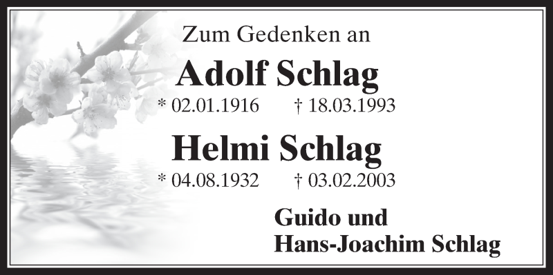  Traueranzeige für Helmi Schlag vom 22.03.2017 aus  Wochenende 