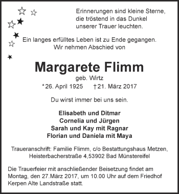 Anzeige von Margarete Flimm von  Sonntags-Post 
