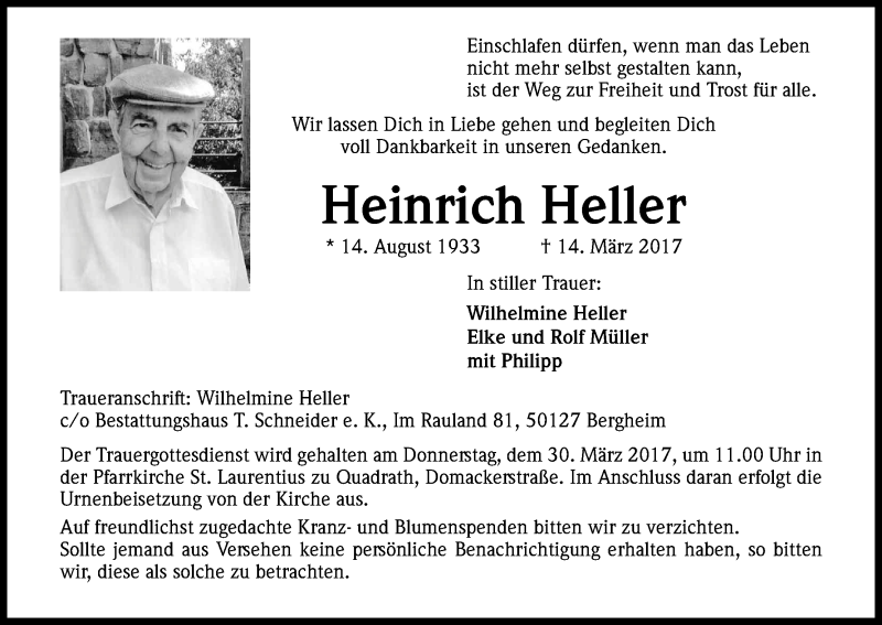  Traueranzeige für Heinrich Heller vom 18.03.2017 aus Kölner Stadt-Anzeiger / Kölnische Rundschau / Express