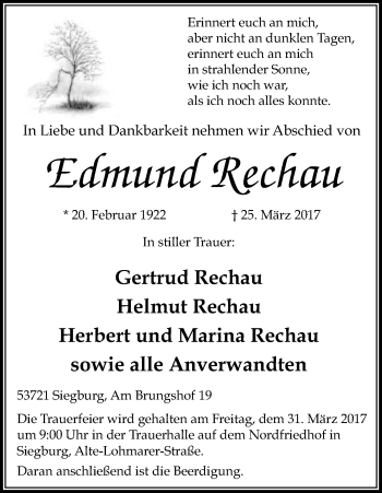 Anzeige von Edmund Rechau von Kölner Stadt-Anzeiger / Kölnische Rundschau / Express