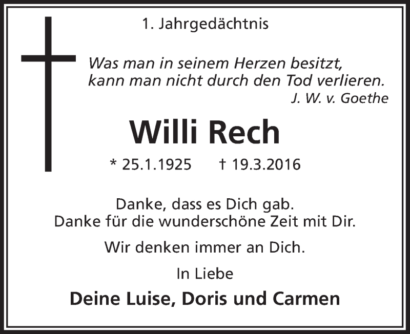  Traueranzeige für Willi Rech vom 18.03.2017 aus  Leverkusener Wochenende 