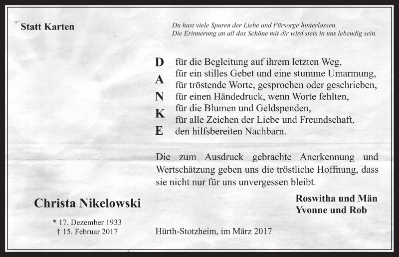  Traueranzeige für Christa Nikelowski vom 22.03.2017 aus  Wochenende 