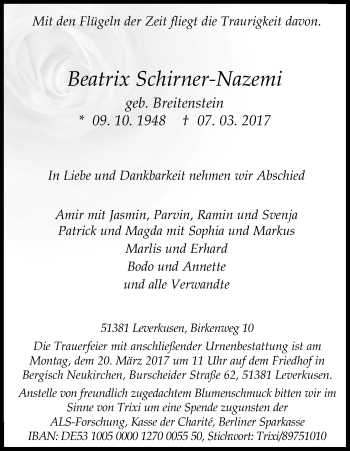 Anzeige von Beatrix Schirner-Nazemi von Kölner Stadt-Anzeiger / Kölnische Rundschau / Express