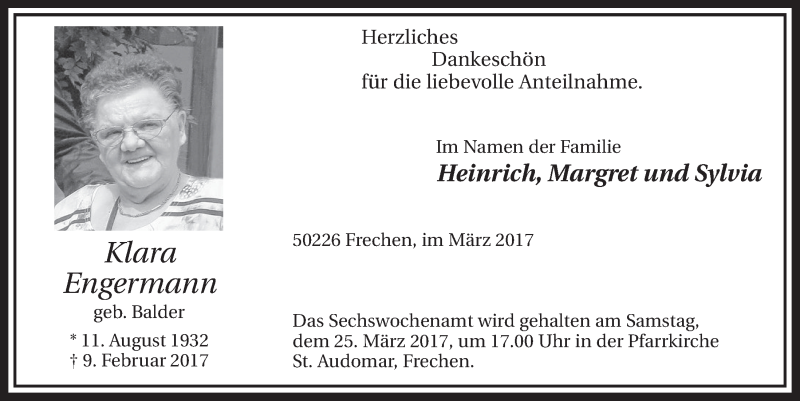  Traueranzeige für Klara Engermann vom 18.03.2017 aus  Sonntags-Post 