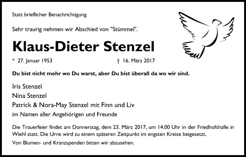  Traueranzeige für Klaus Dieter Stenzel vom 20.03.2017 aus Kölner Stadt-Anzeiger / Kölnische Rundschau / Express