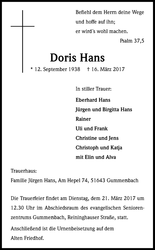  Traueranzeige für Doris Hans vom 18.03.2017 aus Kölner Stadt-Anzeiger / Kölnische Rundschau / Express