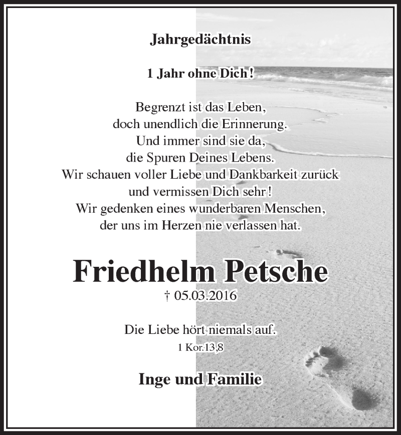  Traueranzeige für Friedhelm Petsche vom 08.03.2017 aus  Anzeigen Echo 