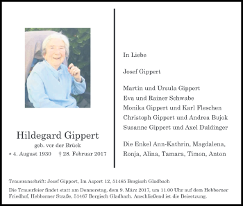 Anzeige von Hildegard Gippert von Kölner Stadt-Anzeiger / Kölnische Rundschau / Express