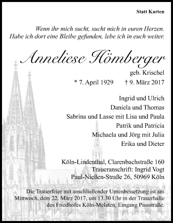 Anzeige von Anneliese Hömberger von Kölner Stadt-Anzeiger / Kölnische Rundschau / Express