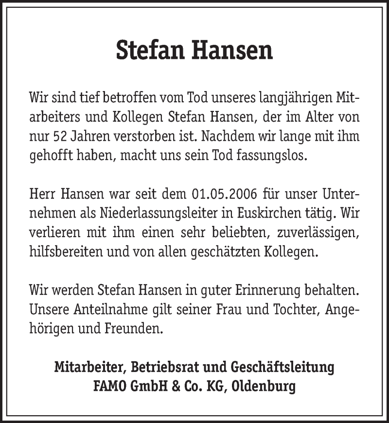  Traueranzeige für Stefan Hansen vom 25.03.2017 aus  Blickpunkt Euskirchen 