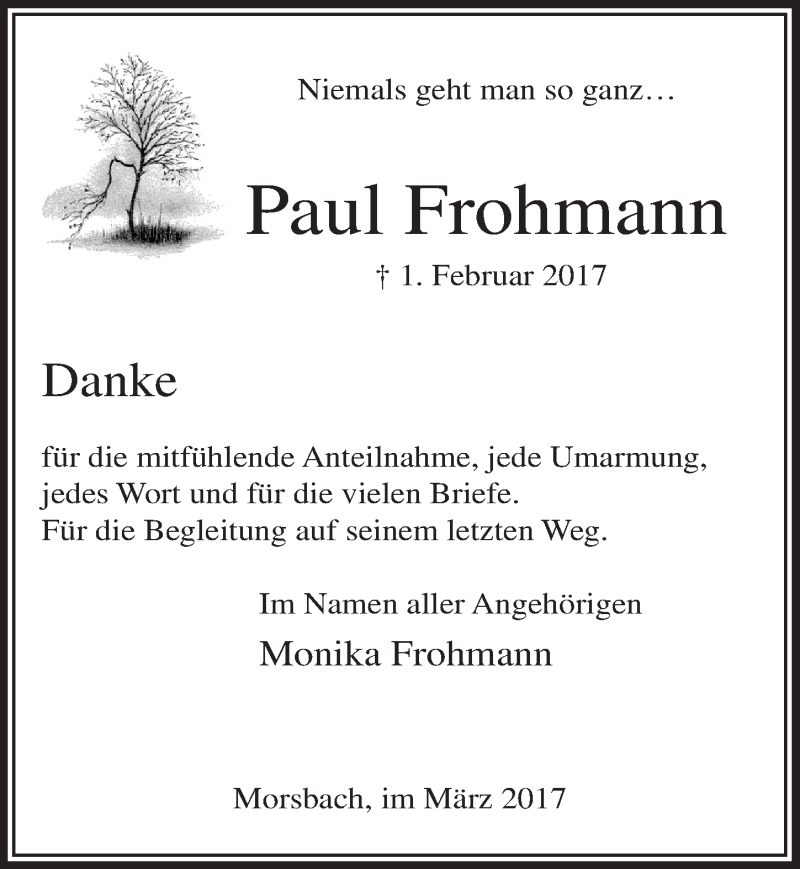  Traueranzeige für Paul Frohmann vom 08.03.2017 aus  Lokalanzeiger 