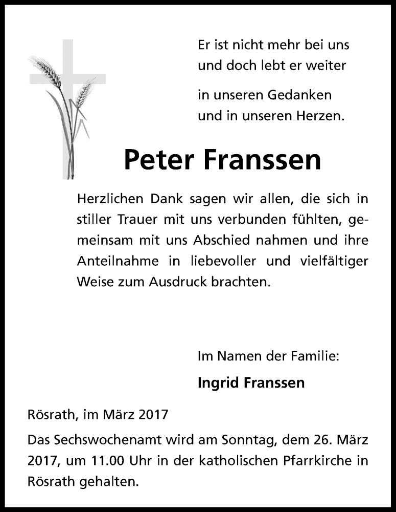  Traueranzeige für Peter Franssen vom 18.03.2017 aus Kölner Stadt-Anzeiger / Kölnische Rundschau / Express
