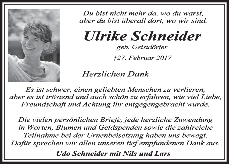  Traueranzeige für Ulrike Schneider vom 01.04.2017 aus  Sonntags-Post 