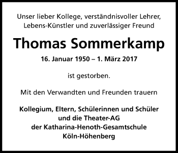 Anzeige von Thomas Sommerkamp von Kölner Stadt-Anzeiger / Kölnische Rundschau / Express