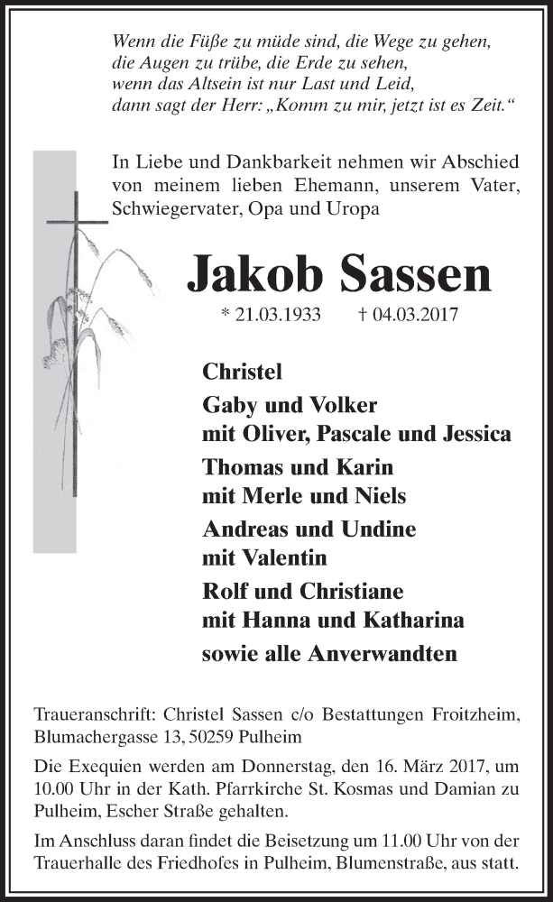  Traueranzeige für Jakob Sassen vom 11.03.2017 aus  Sonntags-Post 