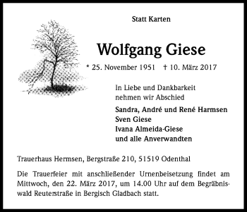 Anzeige von Wolfgang Giese von Kölner Stadt-Anzeiger / Kölnische Rundschau / Express