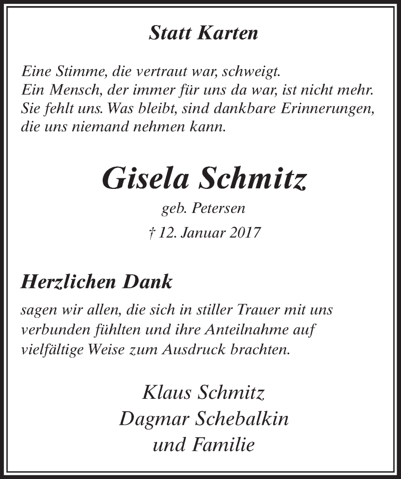  Traueranzeige für Gisela Schmitz vom 04.03.2017 aus  Sonntags-Post 