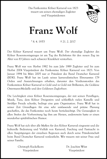 Anzeige von Franz Wolf von Kölner Stadt-Anzeiger / Kölnische Rundschau / Express