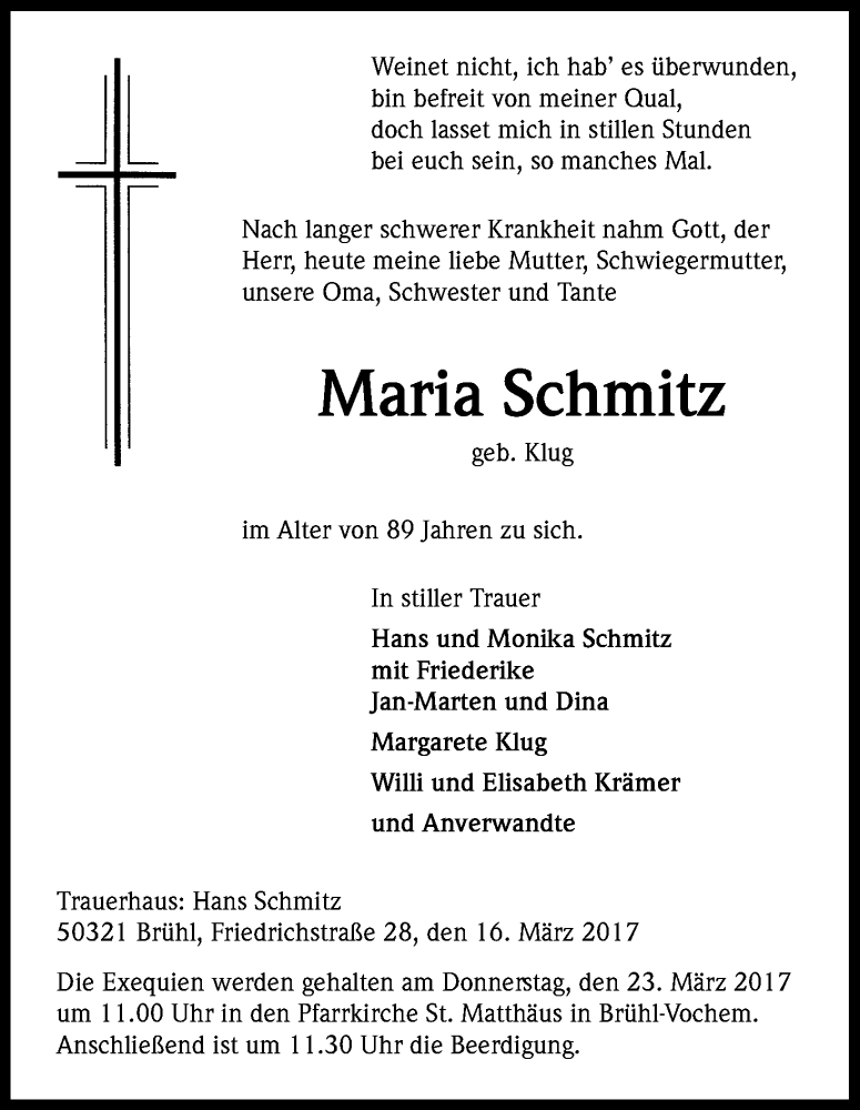  Traueranzeige für Maria Schmitz vom 20.03.2017 aus Kölner Stadt-Anzeiger / Kölnische Rundschau / Express