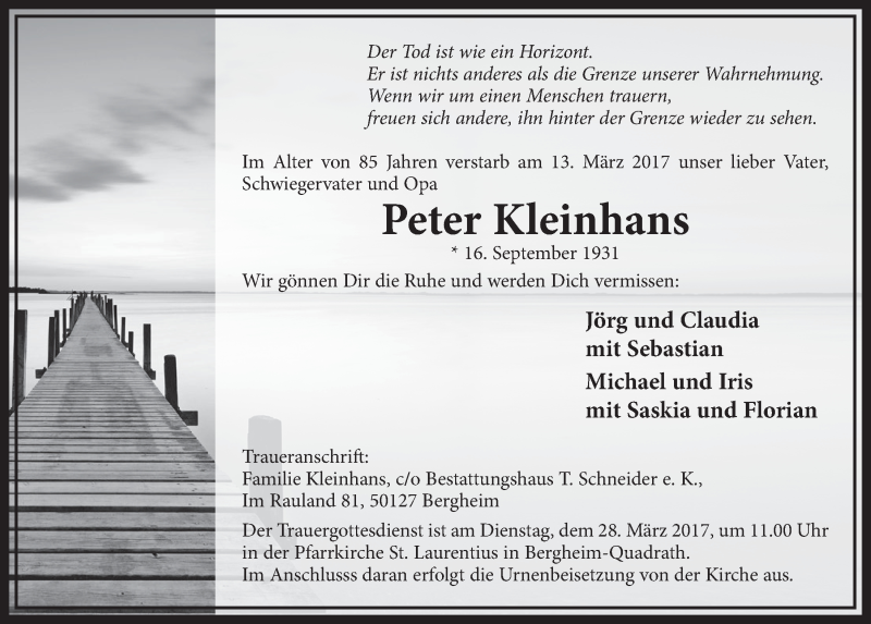  Traueranzeige für Peter Kleinhans vom 18.03.2017 aus  Sonntags-Post 
