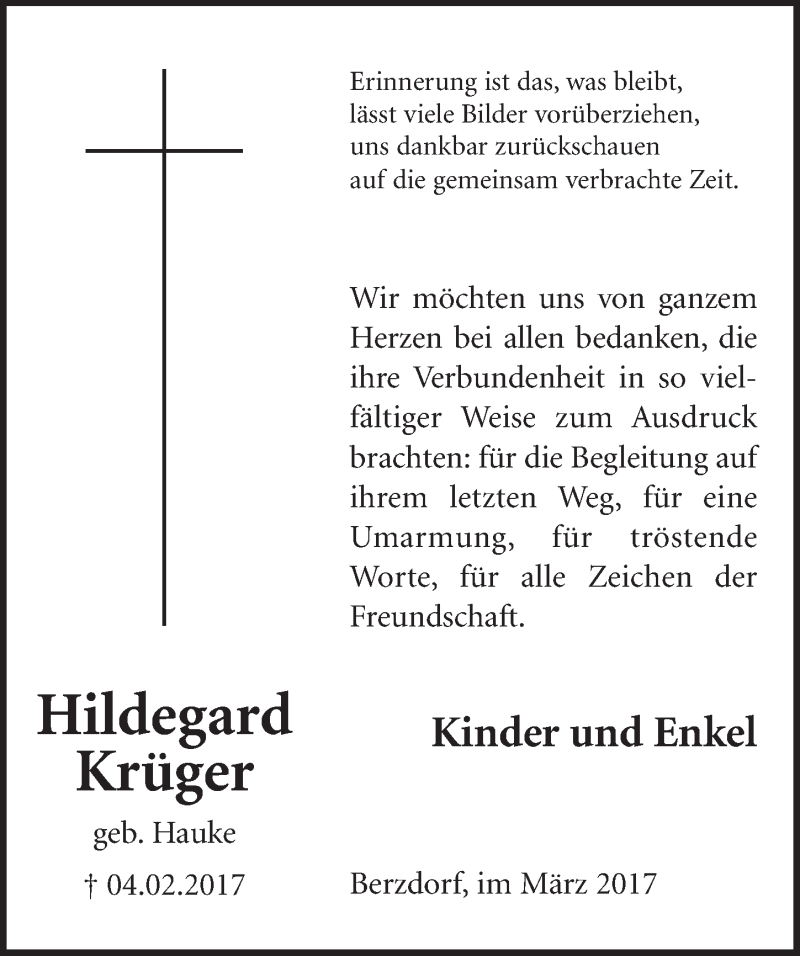 Traueranzeige für Hildegard Krüger vom 15.03.2017 aus  Schlossbote/Werbekurier 