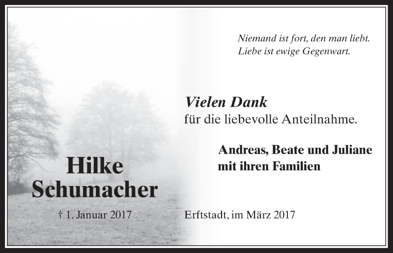  Traueranzeige für Hilke Schumacher vom 15.03.2017 aus  Werbepost 