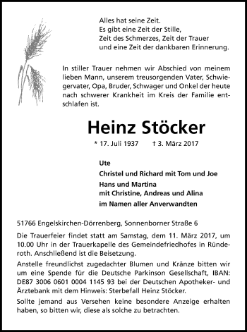 Anzeige von Heinz Stöcker von Kölner Stadt-Anzeiger / Kölnische Rundschau / Express