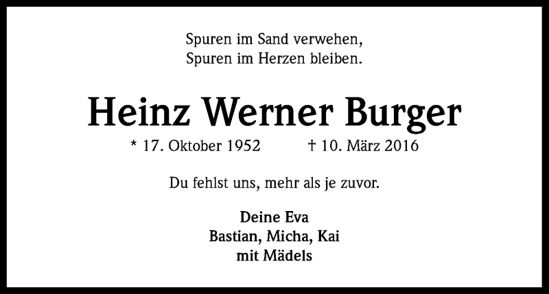  Traueranzeige für Heinz Werner Burger vom 10.03.2017 aus Kölner Stadt-Anzeiger / Kölnische Rundschau / Express