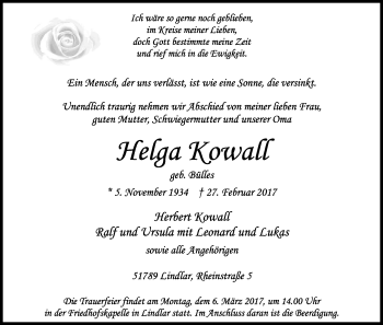 Anzeige von Helga Kowall von Kölner Stadt-Anzeiger / Kölnische Rundschau / Express