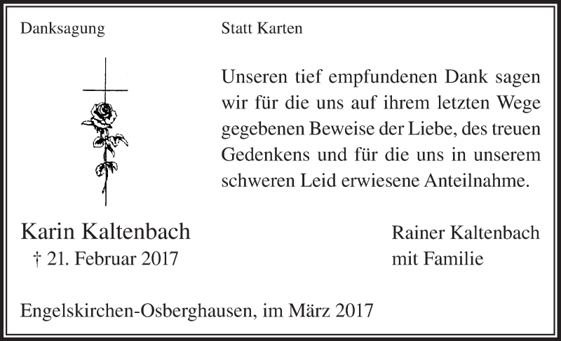  Traueranzeige für Karin Kaltenbach vom 22.03.2017 aus  Anzeigen Echo 