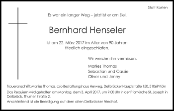Anzeige von Bernhard Henseler von Kölner Stadt-Anzeiger / Kölnische Rundschau / Express