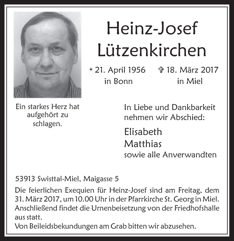  Traueranzeige für Heinz-Josef Lützenkirchen vom 29.03.2017 aus  Schaufenster/Blickpunkt 