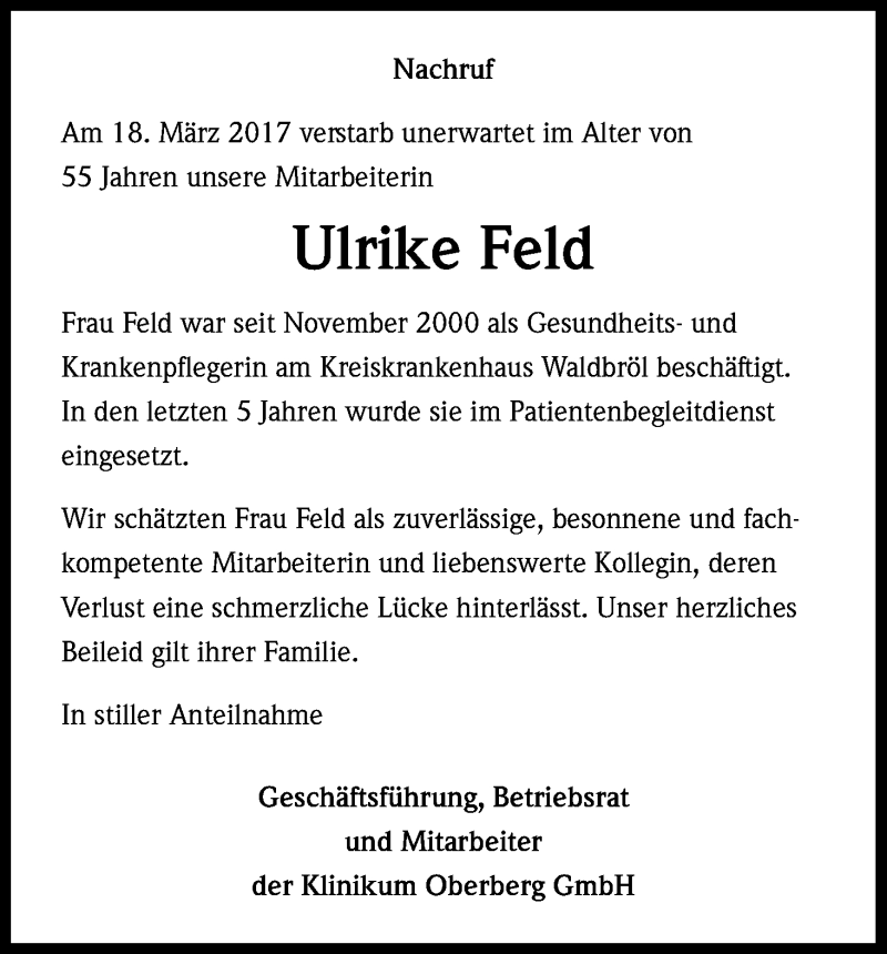  Traueranzeige für Ulrike Feld vom 25.03.2017 aus Kölner Stadt-Anzeiger / Kölnische Rundschau / Express