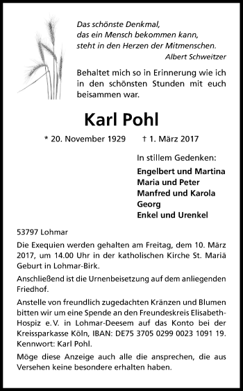 Anzeige von Karl Pohl von Kölner Stadt-Anzeiger / Kölnische Rundschau / Express