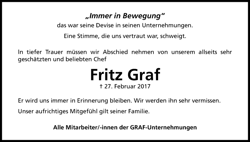  Traueranzeige für Fritz Graf vom 02.03.2017 aus Kölner Stadt-Anzeiger / Kölnische Rundschau / Express