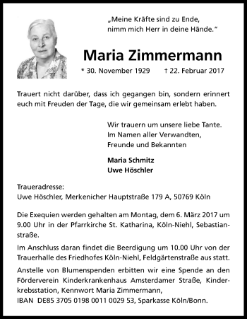 Anzeige von Maria Zimmermann von Kölner Stadt-Anzeiger / Kölnische Rundschau / Express