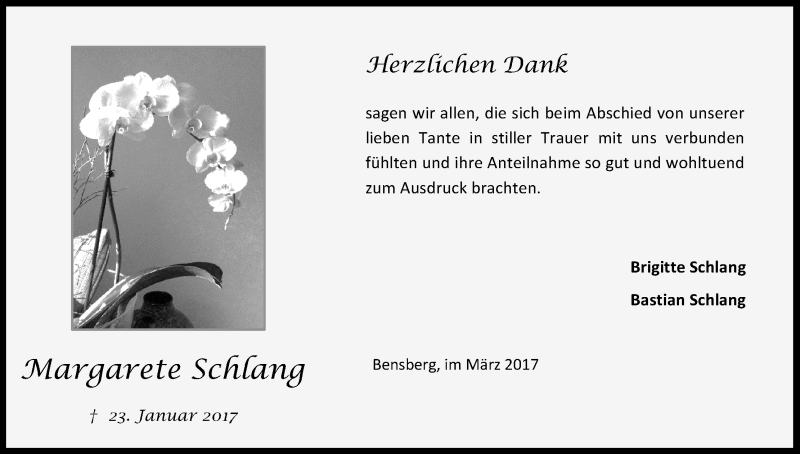  Traueranzeige für Margarete Schlang vom 25.03.2017 aus Kölner Stadt-Anzeiger / Kölnische Rundschau / Express