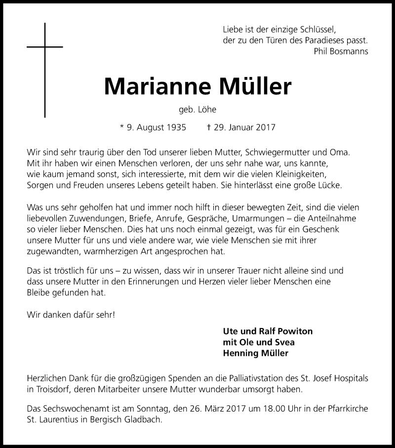  Traueranzeige für Marianne Müller vom 18.03.2017 aus Kölner Stadt-Anzeiger / Kölnische Rundschau / Express