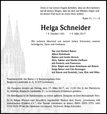 Anzeige von Helga Schneider von Kölner Stadt-Anzeiger / Kölnische Rundschau / Express