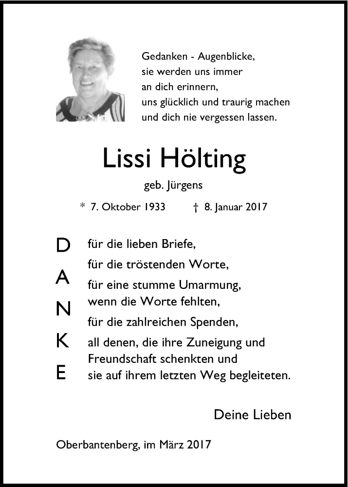  Traueranzeige für Lissi Hölting vom 04.03.2017 aus Kölner Stadt-Anzeiger / Kölnische Rundschau / Express