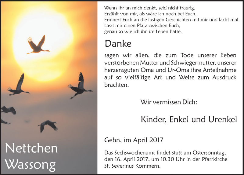  Traueranzeige für Nettchen Wassong vom 25.03.2017 aus  Blickpunkt Euskirchen 