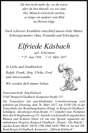 Anzeige von Elfriede Käsbach von Kölner Stadt-Anzeiger / Kölnische Rundschau / Express