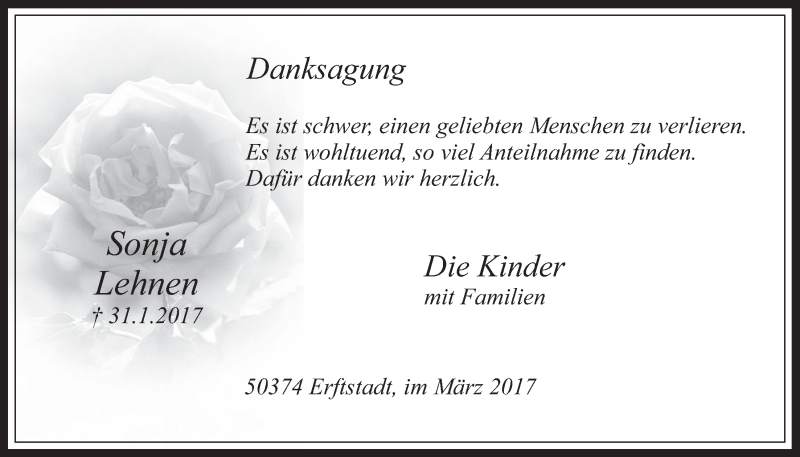  Traueranzeige für Sonja Lehnen vom 15.03.2017 aus  Werbepost 