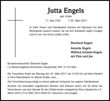 Anzeige von Jutta Engels von Kölner Stadt-Anzeiger / Kölnische Rundschau / Express