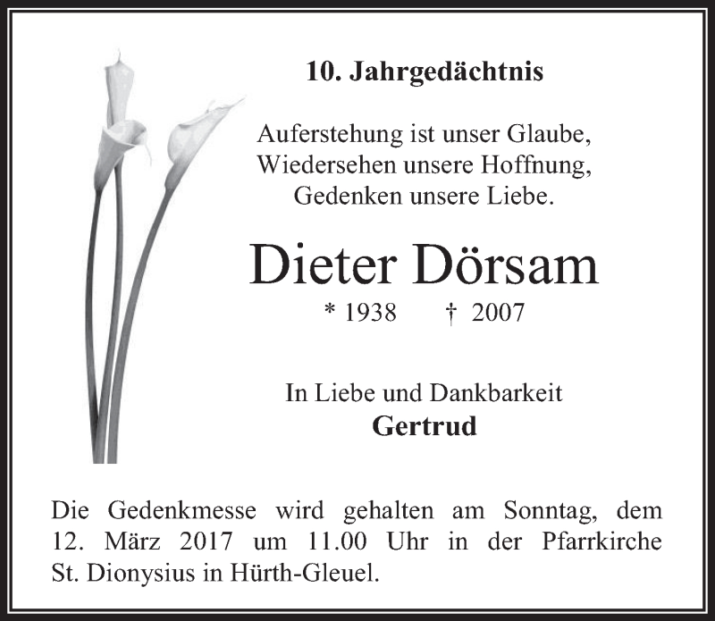  Traueranzeige für Dieter Dörsam vom 08.03.2017 aus  Wochenende 