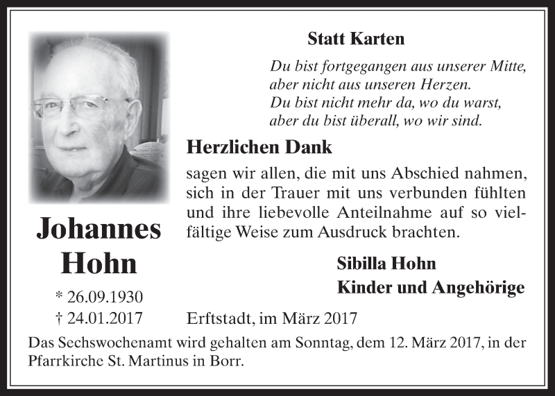  Traueranzeige für Johannes Hohn vom 08.03.2017 aus  Werbepost 