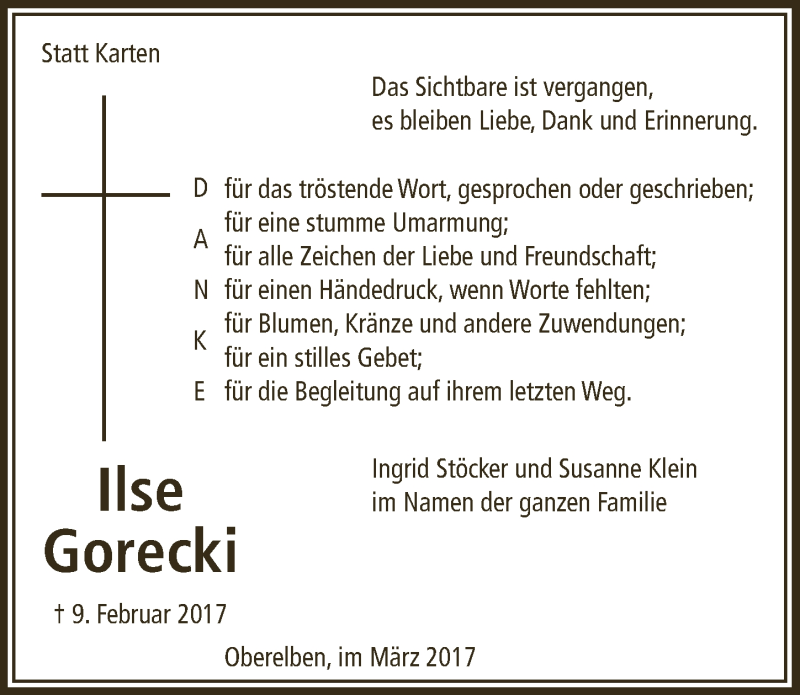  Traueranzeige für Ilse Gorecki vom 29.03.2017 aus  Lokalanzeiger 
