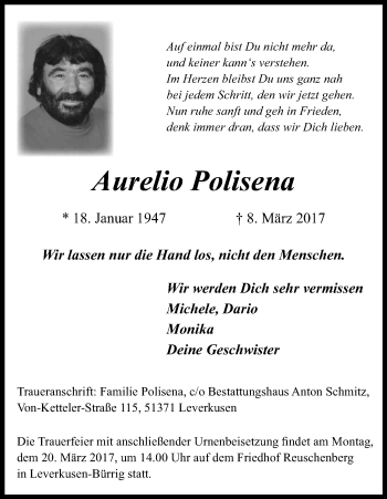 Anzeige von Aurelio Polisena von Kölner Stadt-Anzeiger / Kölnische Rundschau / Express