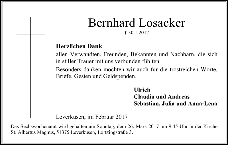  Traueranzeige für Bernhard Losacker vom 11.03.2017 aus Kölner Stadt-Anzeiger / Kölnische Rundschau / Express